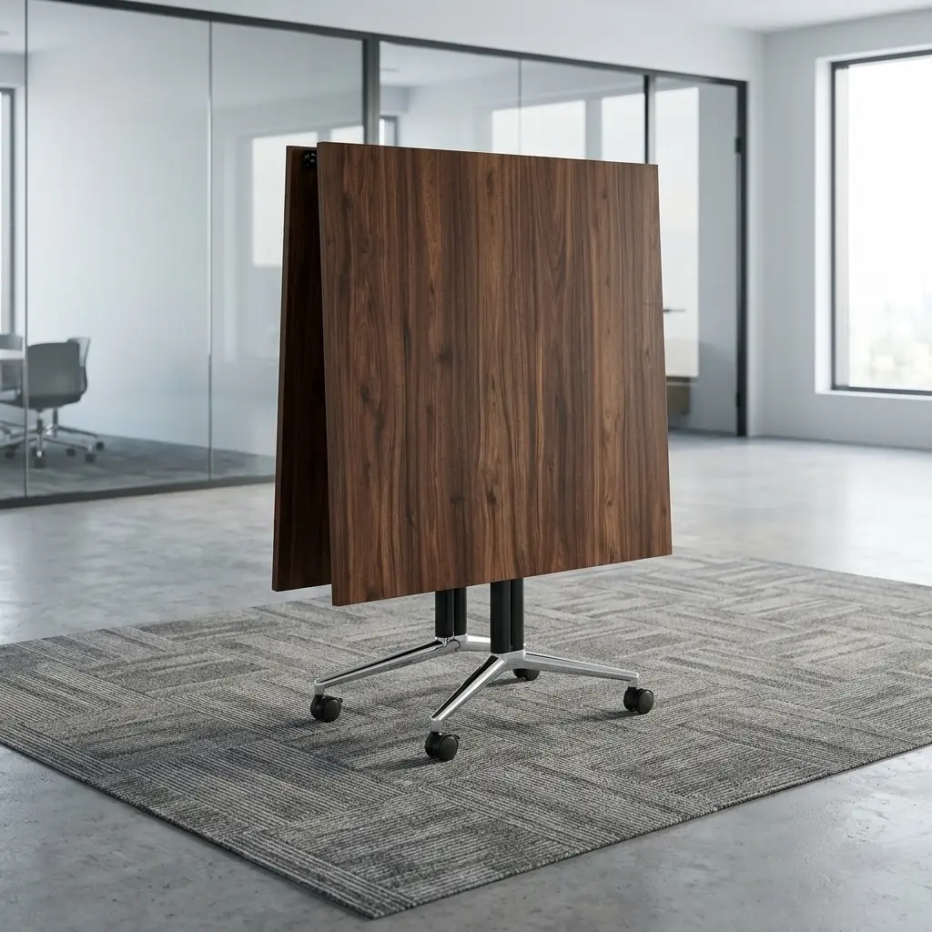 A 2400mm Mobile Boardroom Table featuring a walnut wood grain top, heavy-duty black folding T-legs, polished chrome bases, and lockable caster wheels.