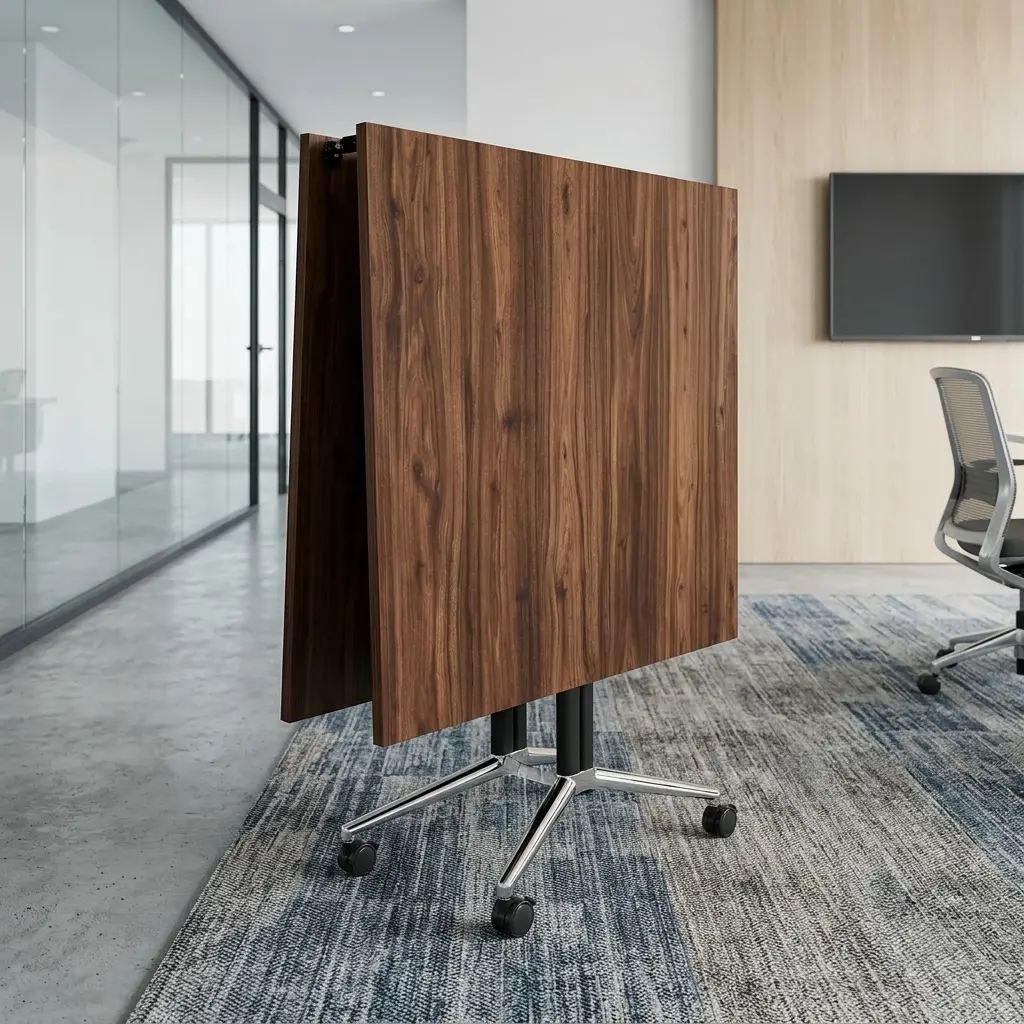 A 2400mm Mobile Boardroom Table featuring a walnut wood grain top, heavy-duty black folding T-legs, polished chrome bases, and lockable caster wheels.