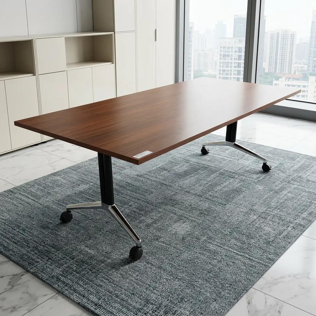 A 2400mm Mobile Boardroom Table featuring a walnut wood grain top, heavy-duty black folding T-legs, polished chrome bases, and lockable caster wheels.