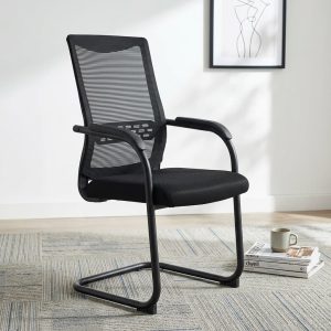 A Breathable Mesh Meeting Room Chair featuring a black mid-back mesh backrest, contoured fixed armrests, and a black steel cantilever sledge base.
