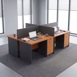 A 2.4m Custom Modular Workstation featuring a 4-person cluster layout with teak wood desks, dark grey privacy dividers, and four lockable side drawers.