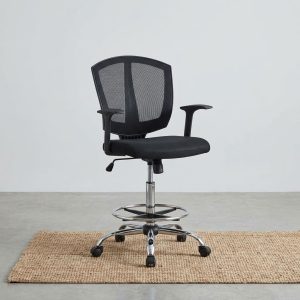 A Mesh Drafting Chair with Foot Ring featuring a black high-back mesh seat, fixed armrests, a polished chrome foot ring, and a 5-star mobile swivel base.