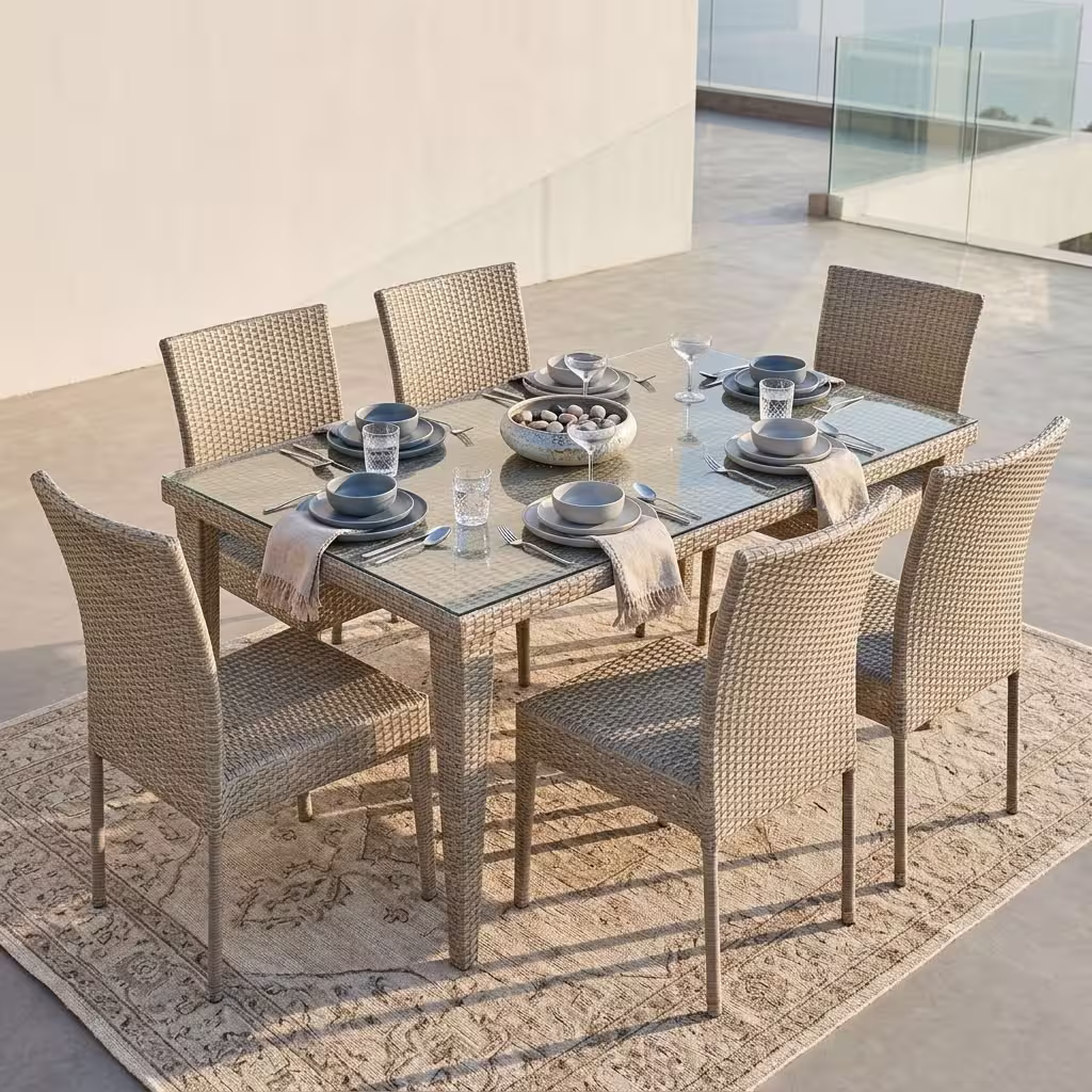 A 6 Seater Rattan Outdoor Dining Set featuring a rectangular table with a transparent tempered glass top and six matching woven light grey wicker chairs.