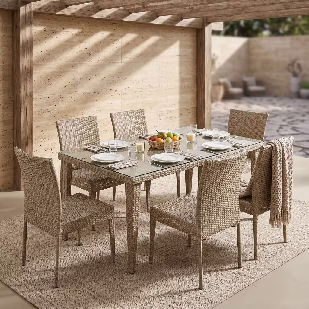 A 6 Seater Rattan Outdoor Dining Set featuring a rectangular table with a transparent tempered glass top and six matching woven light grey wicker chairs.