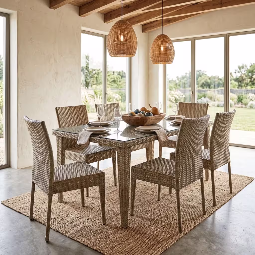A 6 Seater Rattan Outdoor Dining Set featuring a rectangular table with a transparent tempered glass top and six matching woven light grey wicker chairs.