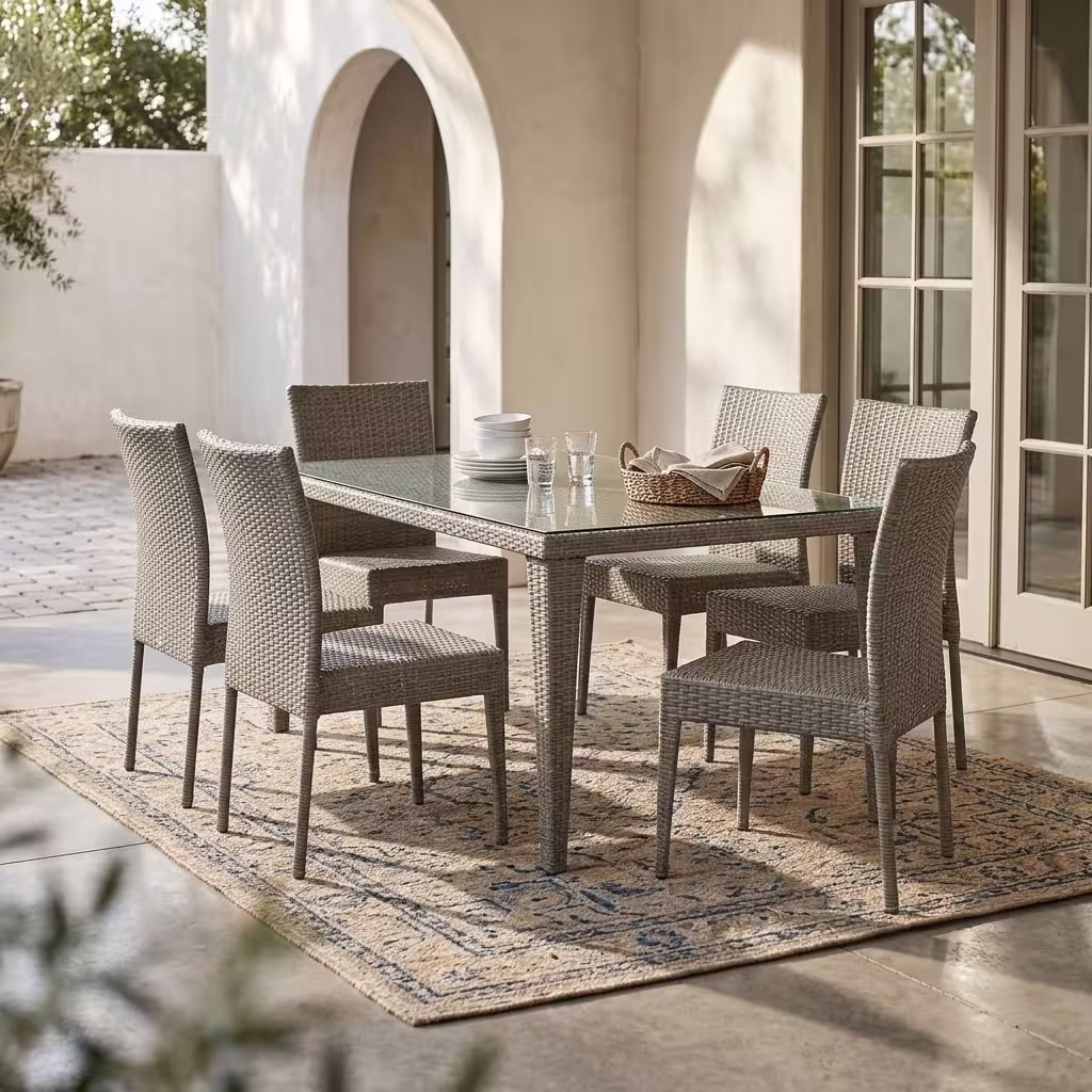 A 6 Seater Rattan Outdoor Dining Set featuring a rectangular table with a transparent tempered glass top and six matching woven light grey wicker chairs.