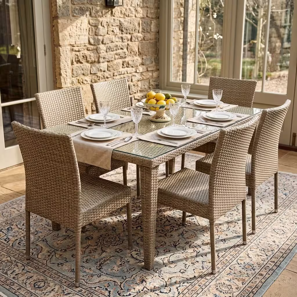 A 6 Seater Rattan Outdoor Dining Set featuring a rectangular table with a transparent tempered glass top and six matching woven light grey wicker chairs.