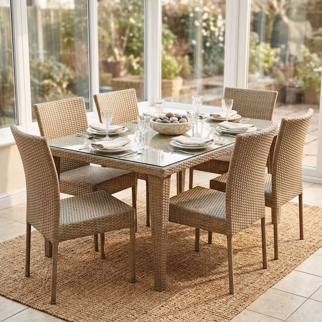 A 6 Seater Rattan Outdoor Dining Set featuring a rectangular table with a transparent tempered glass top and six matching woven light grey wicker chairs.