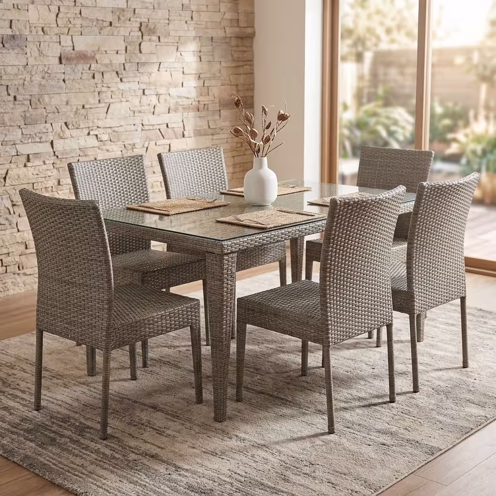 A 6 Seater Rattan Outdoor Dining Set featuring a rectangular table with a transparent tempered glass top and six matching woven light grey wicker chairs.