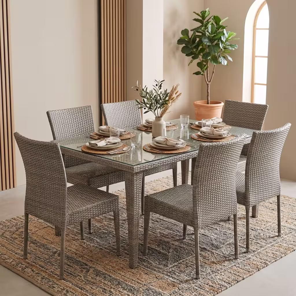 A 6 Seater Rattan Outdoor Dining Set featuring a rectangular table with a transparent tempered glass top and six matching woven light grey wicker chairs.