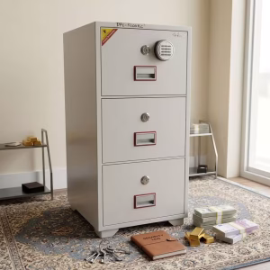 A Diplomat 166kg 3-Drawer Filing Safe featuring a light grey fireproof steel body, a top-drawer digital keypad console, individual key locks, and metallic drawer handles.