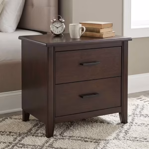 A Night Stand with 2 Drawers featuring a dark espresso wood finish, two stacked storage drawers with matte-black metal handles, and tapered accent legs.
