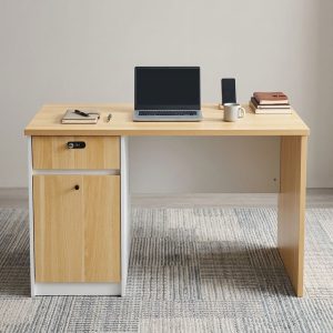 A Premium 1.2m Wooden Study Desk featuring a light natural timber-grain top, a white sub-frame, a lockable drawer, and a lower storage cabinet.