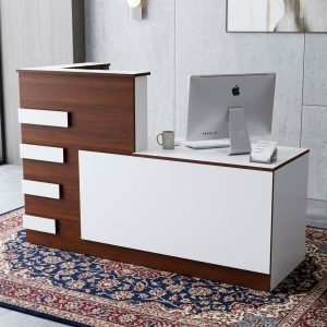 A 2 Meters Reception Desk featuring a cherry wood grain frame, white front accent panels, a tiered L-shaped guest counter, and clean block step detailing.