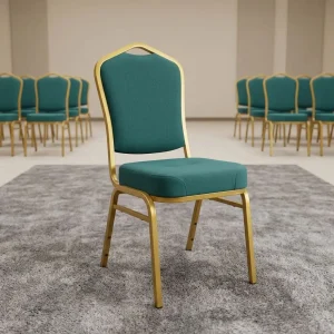 A Green High Density Banquet Chair featuring a thick emerald green cushioned seat, a contoured crown backrest, and a sturdy polished gold metal frame.