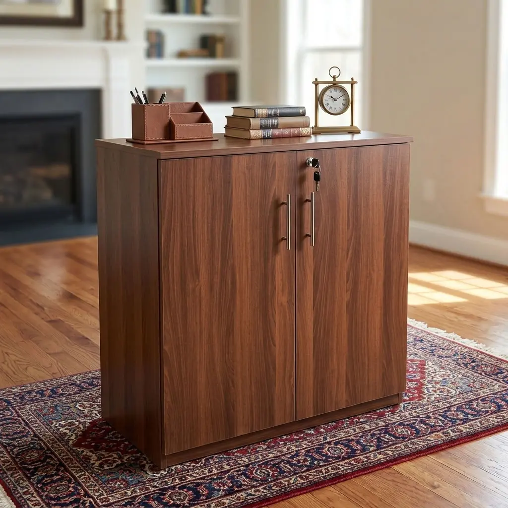 A Wooden Office Filing Cabinet featuring a rich mahogany wood grain finish, two double doors with long vertical gold handles, and a top central lock.