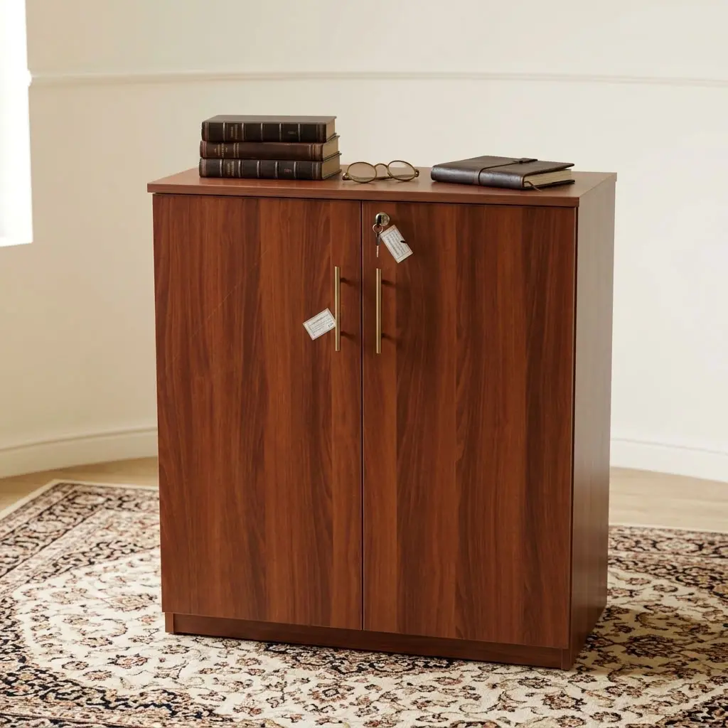 A Wooden Office Filing Cabinet featuring a rich mahogany wood grain finish, two double doors with long vertical gold handles, and a top central lock.