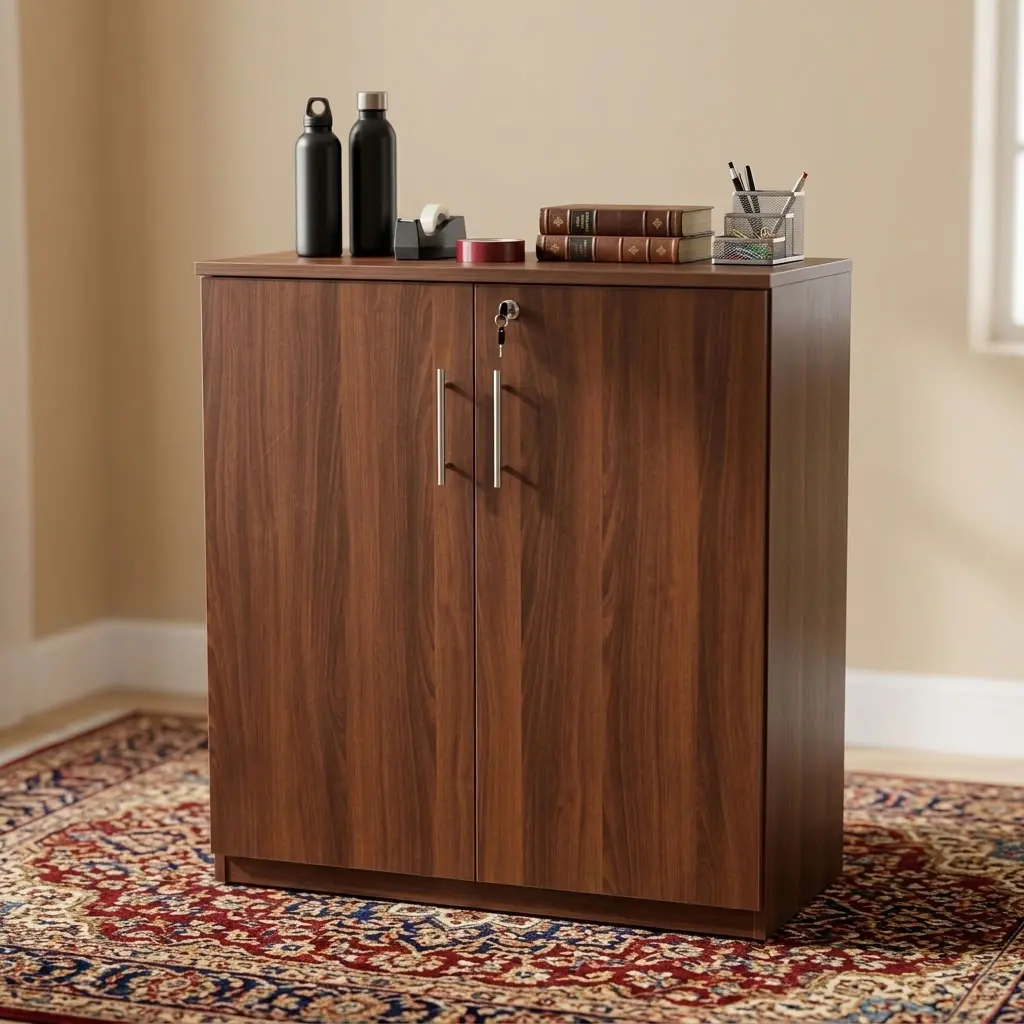A Wooden Office Filing Cabinet featuring a rich mahogany wood grain finish, two double doors with long vertical gold handles, and a top central lock.