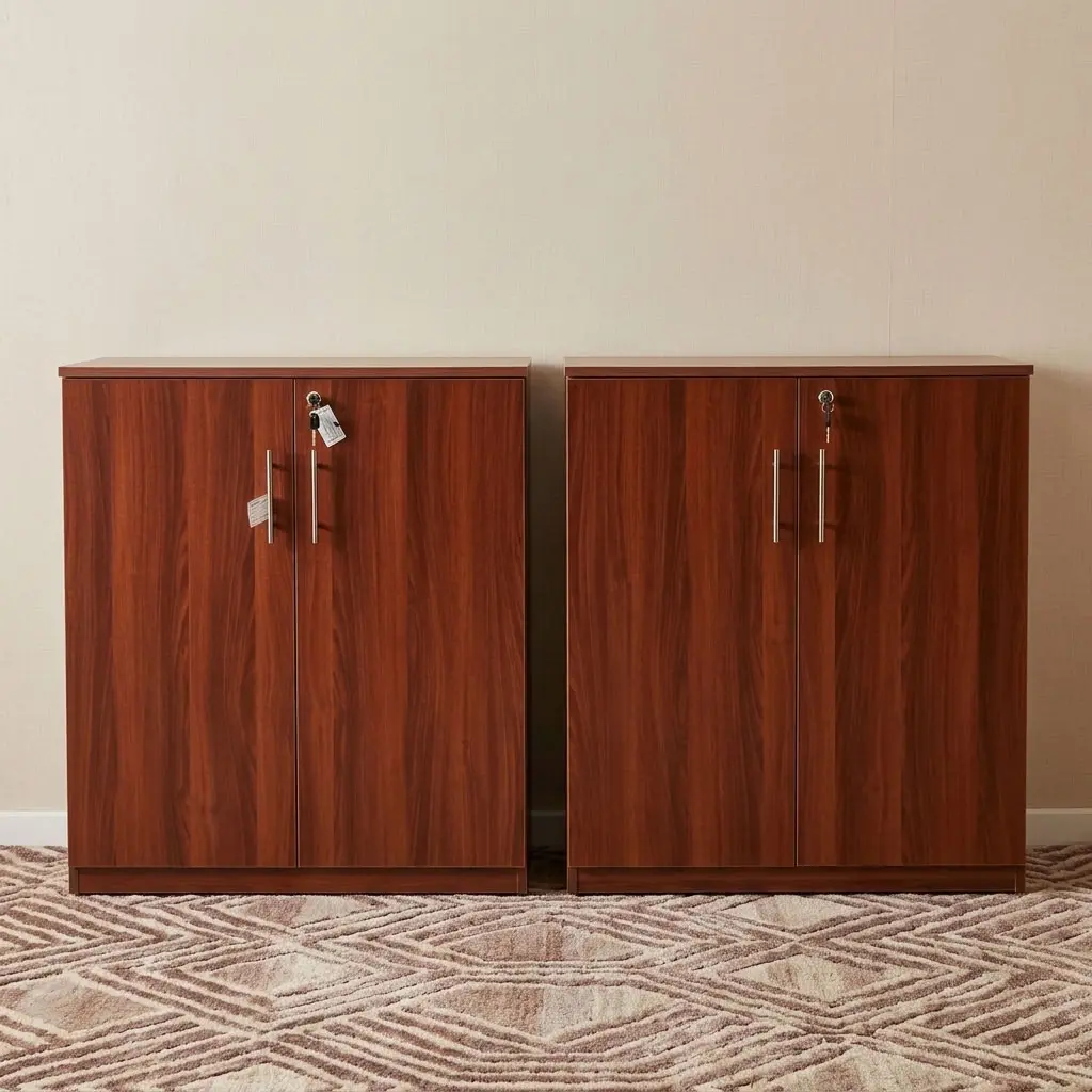 A Wooden Office Filing Cabinet featuring a rich mahogany wood grain finish, two double doors with long vertical gold handles, and a top central lock.
