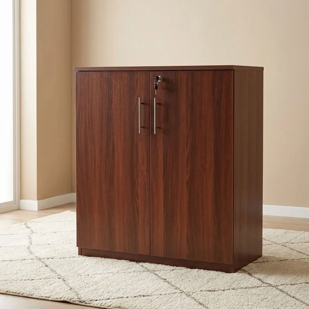 A Wooden Office Filing Cabinet featuring a rich mahogany wood grain finish, two double doors with long vertical gold handles, and a top central lock.
