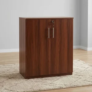 A Wooden Office Filing Cabinet featuring a rich mahogany wood grain finish, two double doors with long vertical gold handles, and a top central lock.