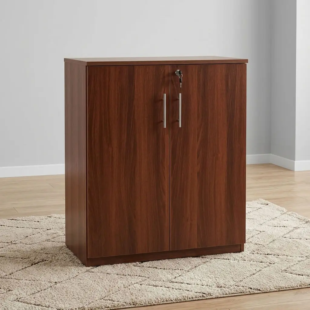 A Wooden Office Filing Cabinet featuring a rich mahogany wood grain finish, two double doors with long vertical gold handles, and a top central lock.