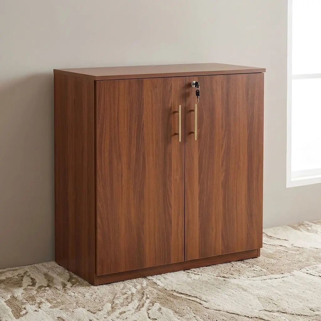 A Wooden Office Filing Cabinet featuring a rich mahogany wood grain finish, two double doors with long vertical gold handles, and a top central lock.