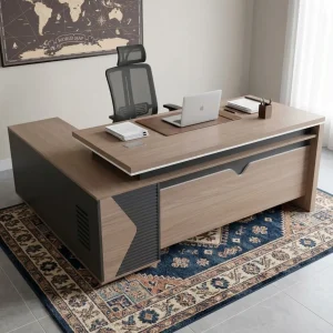 A 1.8m Corporate Director Office Desk featuring a teak wood grain floating top, deep charcoal side panels with vertical fluted details, and an L-shaped return.
