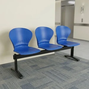 A Blue Ergonomic Plastic Reception Chair featuring a linked row of three royal blue contoured plastic seats supported by a black steel beam frame.