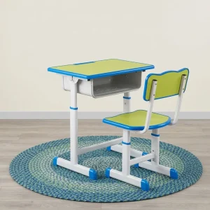 A Height Adjustable Kids Desk and Chair Set featuring a lime green wood tabletop, a blue under-desk book storage cubby, and a matching dual-tone chair.
