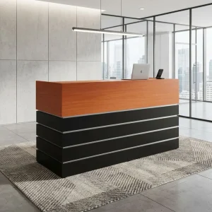 A 2000mm Front Office Reception Desk featuring a cherry wood grain top ledge, a black horizontal tiered panel base, and an integrated three-drawer pedestal.
