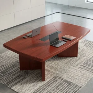 A 2M Mahogany Veneer Boardroom Table featuring a rich mahogany finish, a seamless rectangular top with no grommets, and thick angled panel legs.