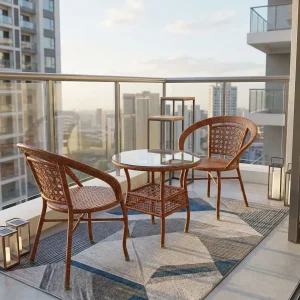 A 3-Piece Rattan Bistro Set featuring a round woven coffee table with a tempered glass top and two matching high-back wicker armchairs.