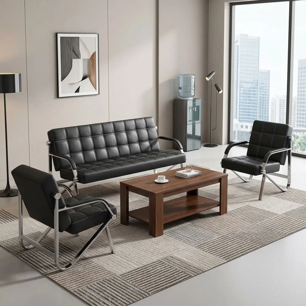A 5-Seater Reception Guest Sofa set featuring a black grid-tufted three-seater sofa, two matching single armchairs, and polished chrome cantilever frames.