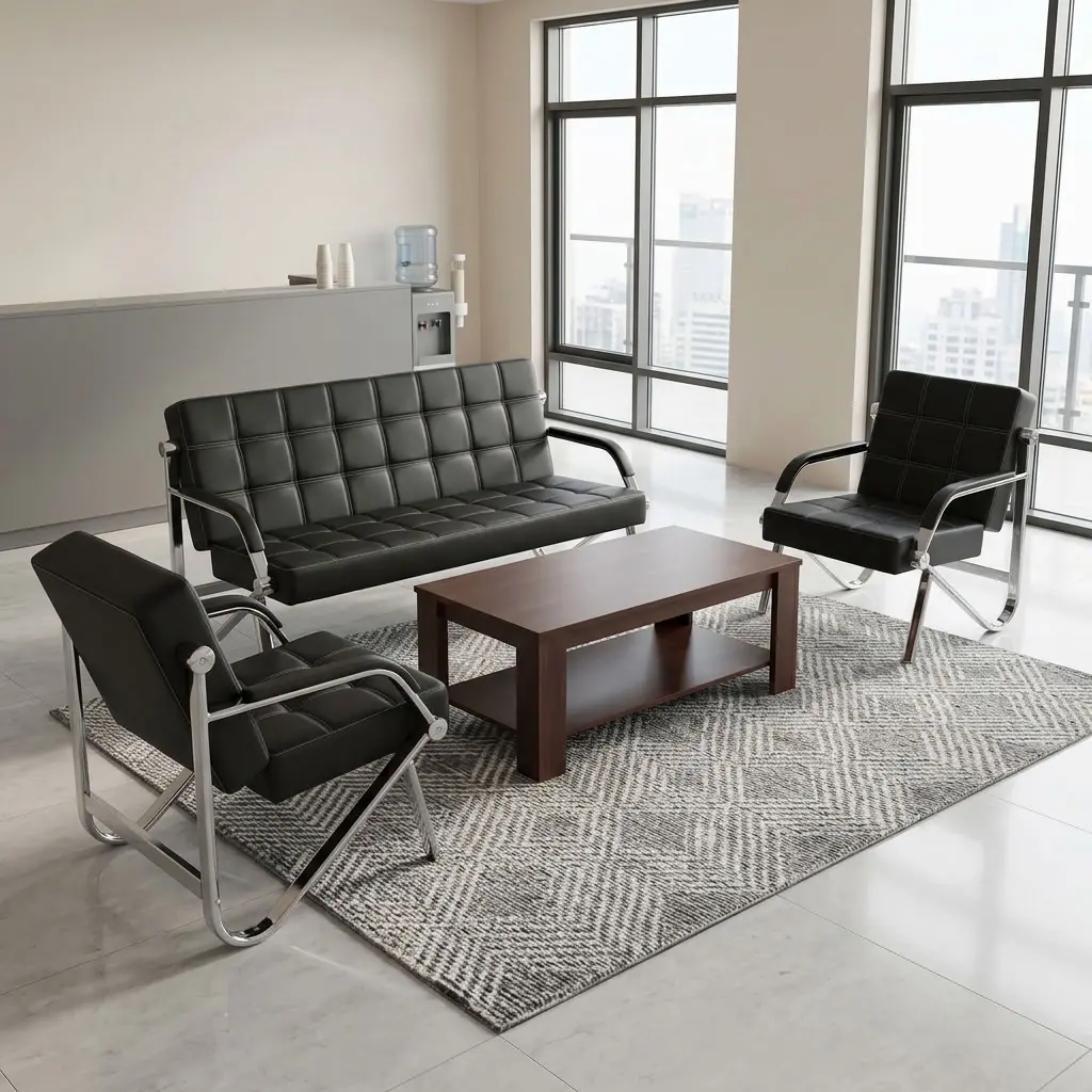 A 5-Seater Reception Guest Sofa set featuring a black grid-tufted three-seater sofa, two matching single armchairs, and polished chrome cantilever frames.