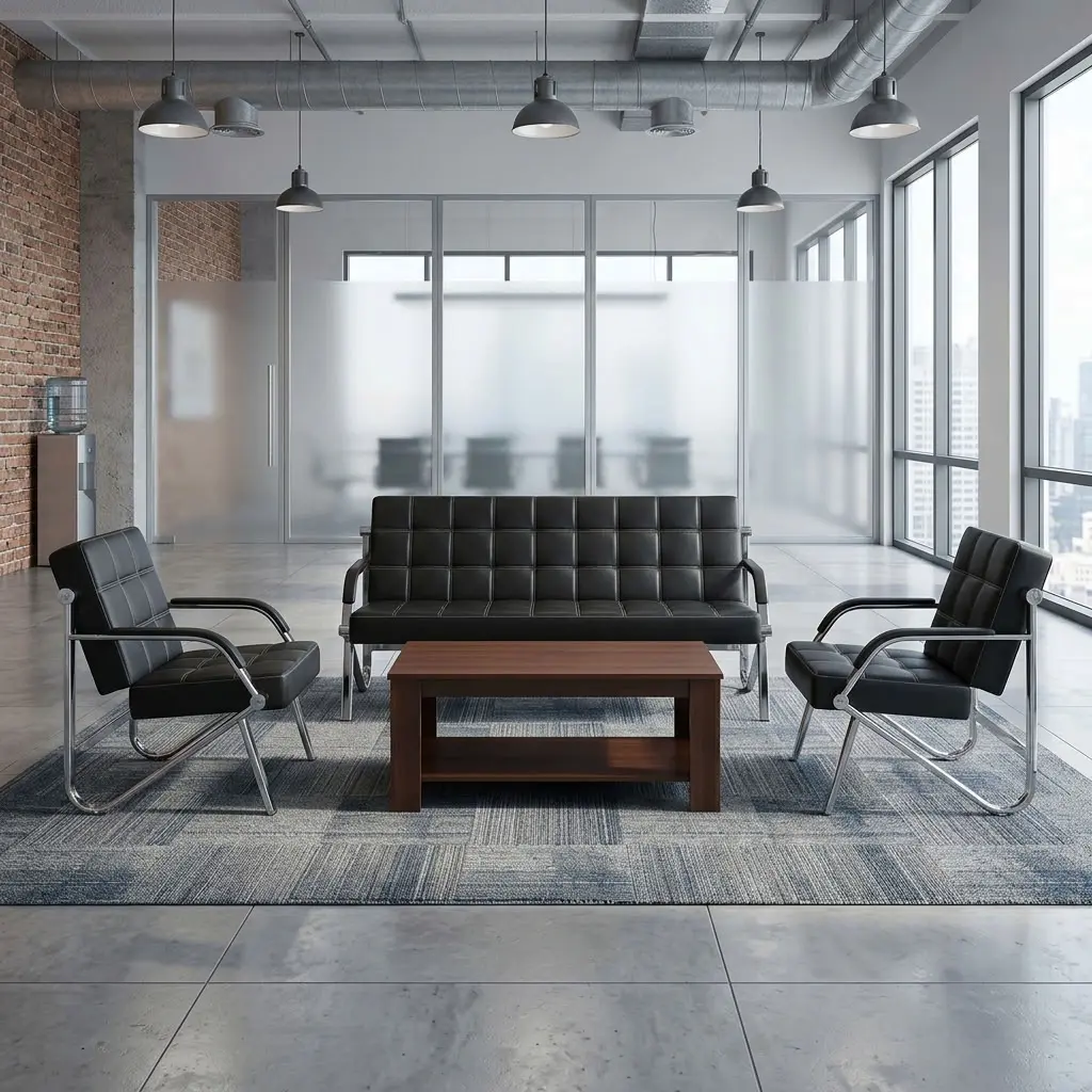 A 5-Seater Reception Guest Sofa set featuring a black grid-tufted three-seater sofa, two matching single armchairs, and polished chrome cantilever frames.