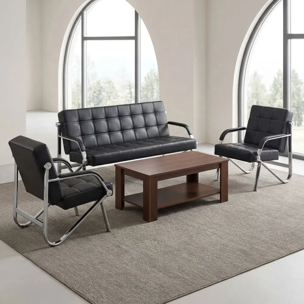 A 5-Seater Reception Guest Sofa set featuring a black grid-tufted three-seater sofa, two matching single armchairs, and polished chrome cantilever frames.