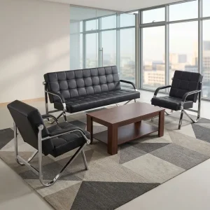 A 5-Seater Reception Guest Sofa set featuring a black grid-tufted three-seater sofa, two matching single armchairs, and polished chrome cantilever frames.