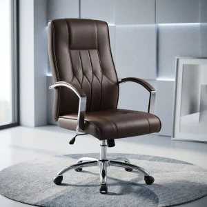 A Brown Leather Executive Chair featuring a high-back diamond-tufted leather seat, padded chrome armrests, and a polished chrome 5-star swivel mobile base.