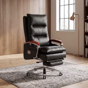 A Reclining Leather Executive Chair featuring a high-back black leather segmented seat, a retractable footrest, and mahogany-finished wooden armrests.