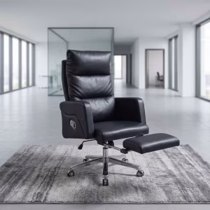 An Executive Reclining Office Chair with Footrest featuring high-back black leather upholstery, a retractable footrest, and a polished chrome 5-star base.