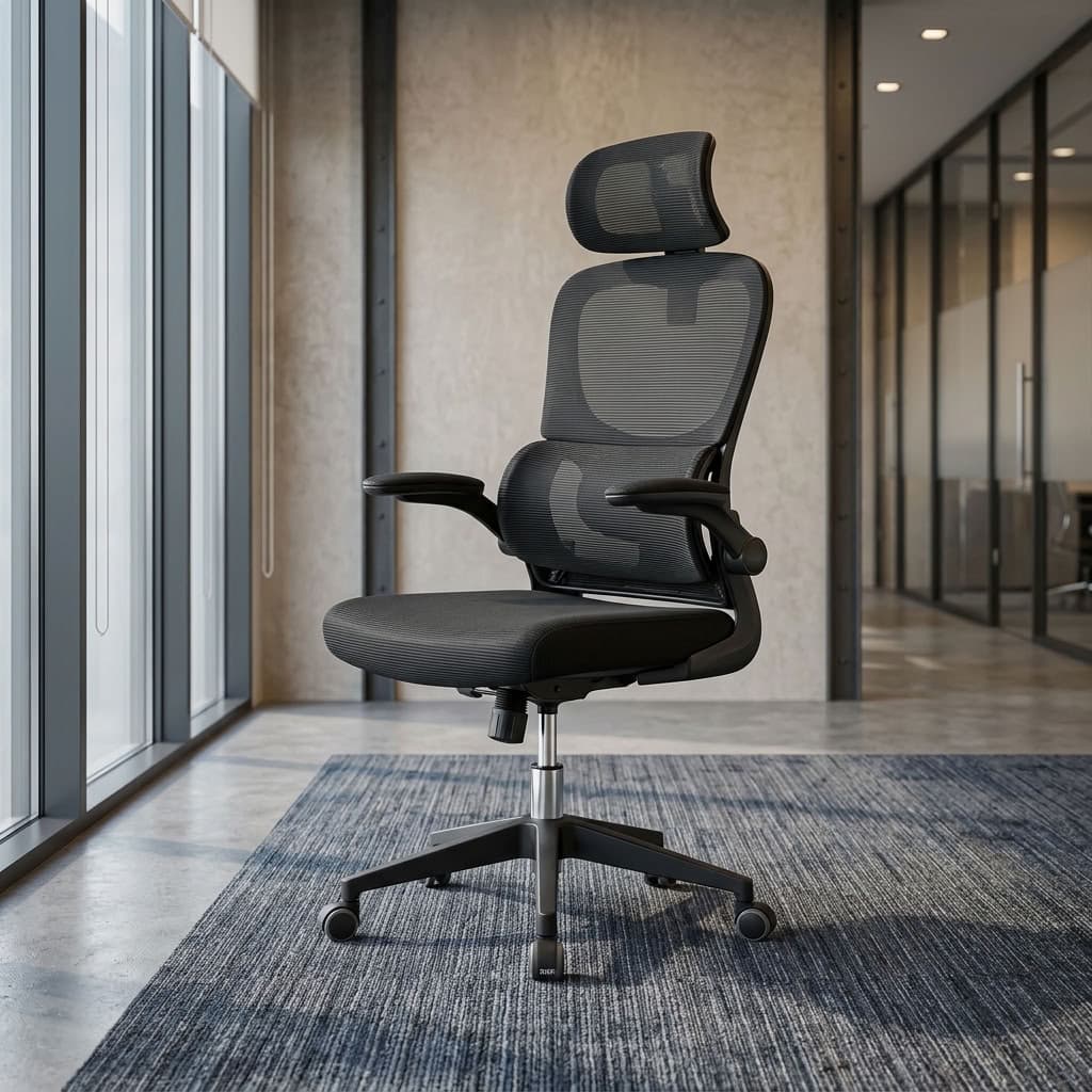 An Office Chair With Lumbar Support featuring a high-back black mesh backrest, vertical flip-up armrests, a neck support cushion, and a 5-star swivel base.