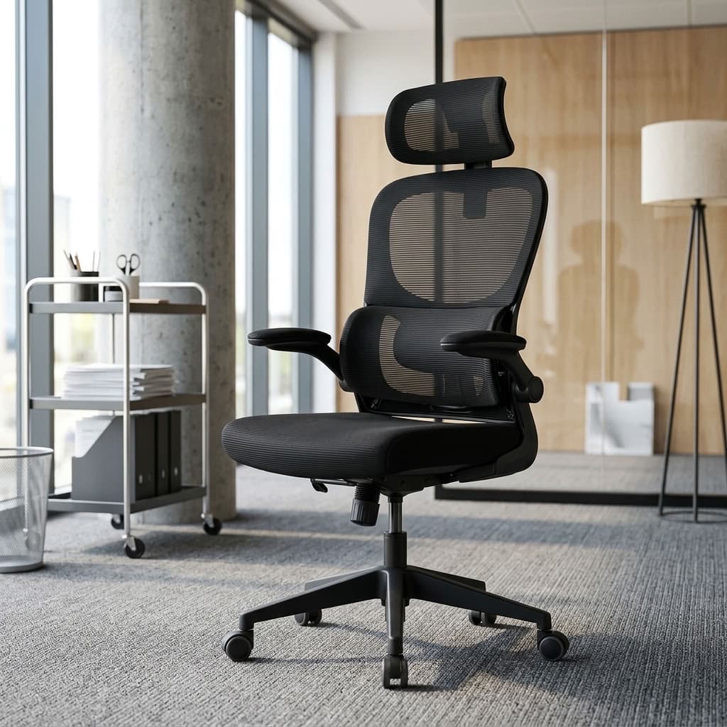 An Office Chair With Lumbar Support featuring a high-back black mesh backrest, vertical flip-up armrests, a neck support cushion, and a 5-star swivel base.