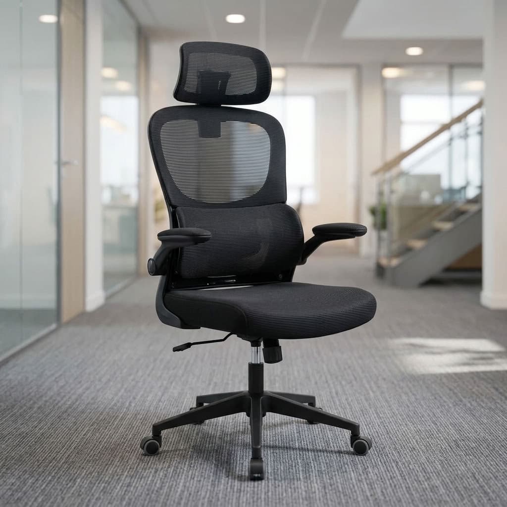 An Office Chair With Lumbar Support featuring a high-back black mesh backrest, vertical flip-up armrests, a neck support cushion, and a 5-star swivel base.