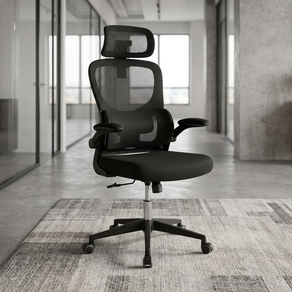 An Office Chair With Lumbar Support featuring a high-back black mesh backrest, vertical flip-up armrests, a neck support cushion, and a 5-star swivel base.
