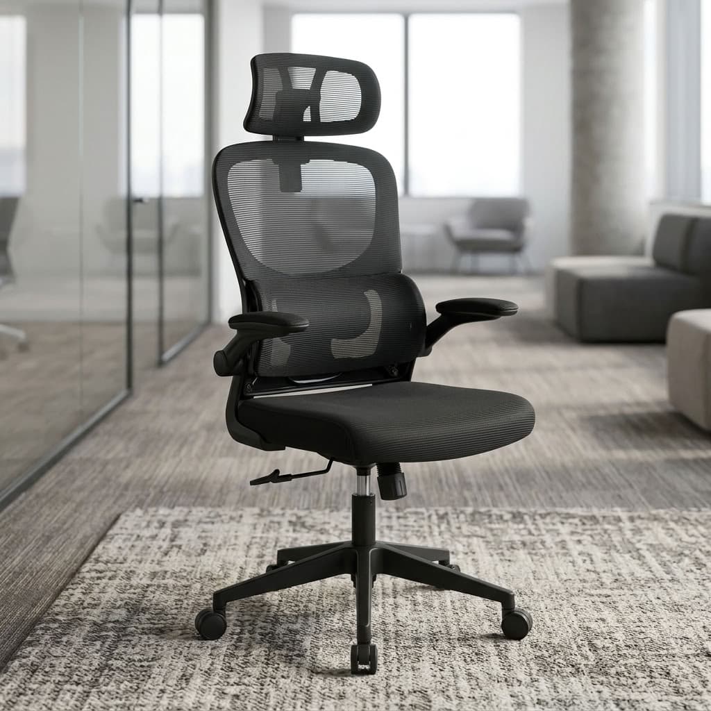 An Office Chair With Lumbar Support featuring a high-back black mesh backrest, vertical flip-up armrests, a neck support cushion, and a 5-star swivel base.