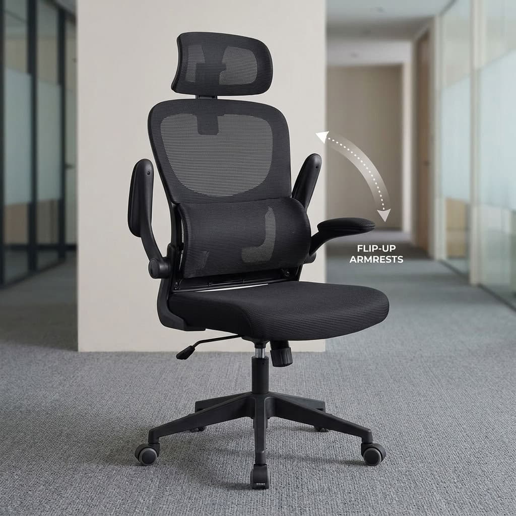 An Office Chair With Lumbar Support featuring a high-back black mesh backrest, vertical flip-up armrests, a neck support cushion, and a 5-star swivel base.
