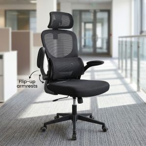 An Office Chair With Lumbar Support featuring a high-back black mesh backrest, vertical flip-up armrests, a neck support cushion, and a 5-star swivel base.