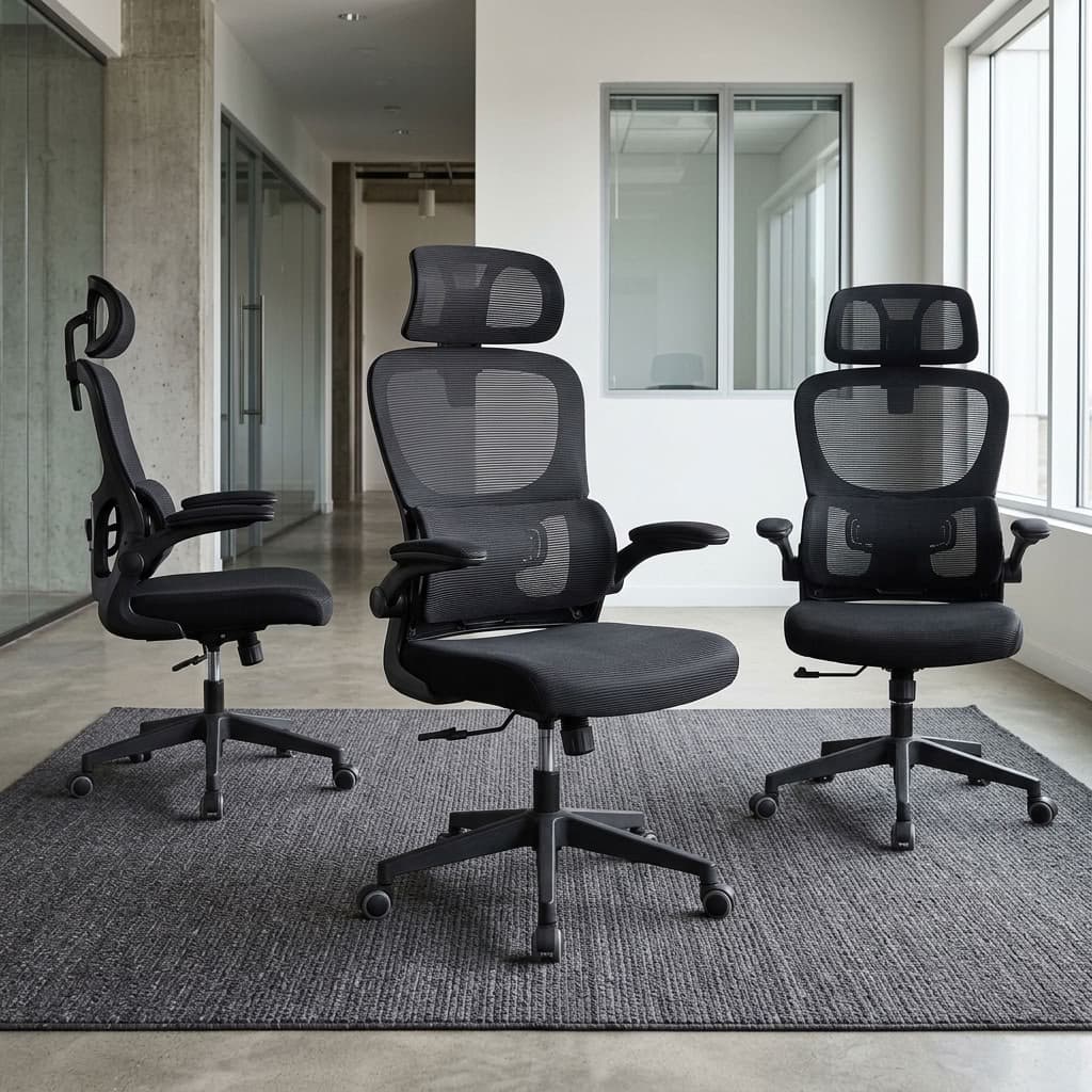 An Office Chair With Lumbar Support featuring a high-back black mesh backrest, vertical flip-up armrests, a neck support cushion, and a 5-star swivel base.