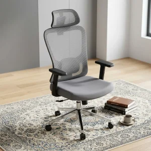 A Breathable Mesh Office Chair featuring a grey mesh backrest, an adjustable headrest, height-adjustable armrests, and a polished chrome 5-star base.
